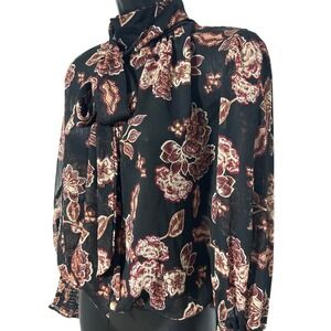 NY&C Floral Print Blouse Top‎ Womens Small Long Sleeve Tie Neck Sheer Black